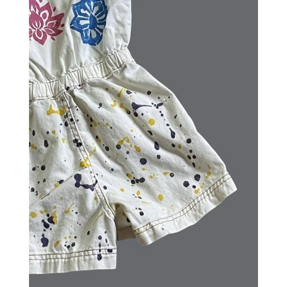 HAND PAINTED Ivory Cotton Romper Shorts Graffiti Art-To-Wear SHORTALLS Girls 8